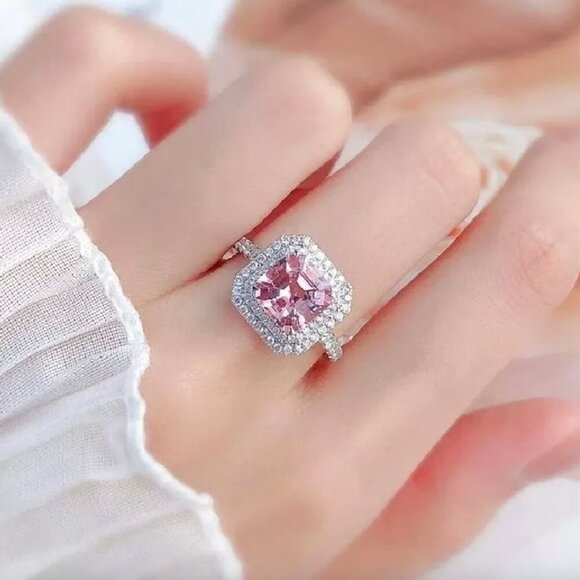 NEW 925 Sterling Silver Pink Diamond Ring Cushion Cut Halo Ring - Picture 7 of 7